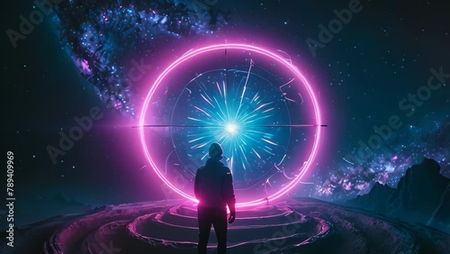 Video animation of solitary figure standing before a radiant, circular portal that emits a neon pinkish purple glow photo