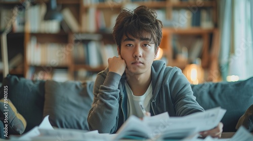 An Asian man is feeling overwhelmed as he sits on the couch calculating his expenses at home, struggling to find the funds to pay his mortgage or loan, facing potential debt and bankruptcy. photo