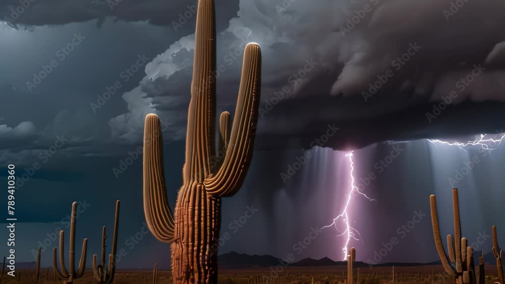 Video animation of dramatic desert scene at night, featuring a thunderstorm. Tall saguaro cacti stand prominently in the foreground against a backdrop of dark