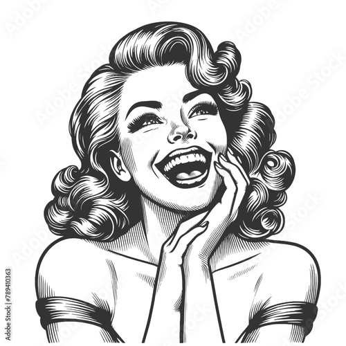 woman laughing heartily, her head thrown back in a moment of pure joy and infectious mirth sketch engraving generative ai fictional character vector illustration. Black and white image.