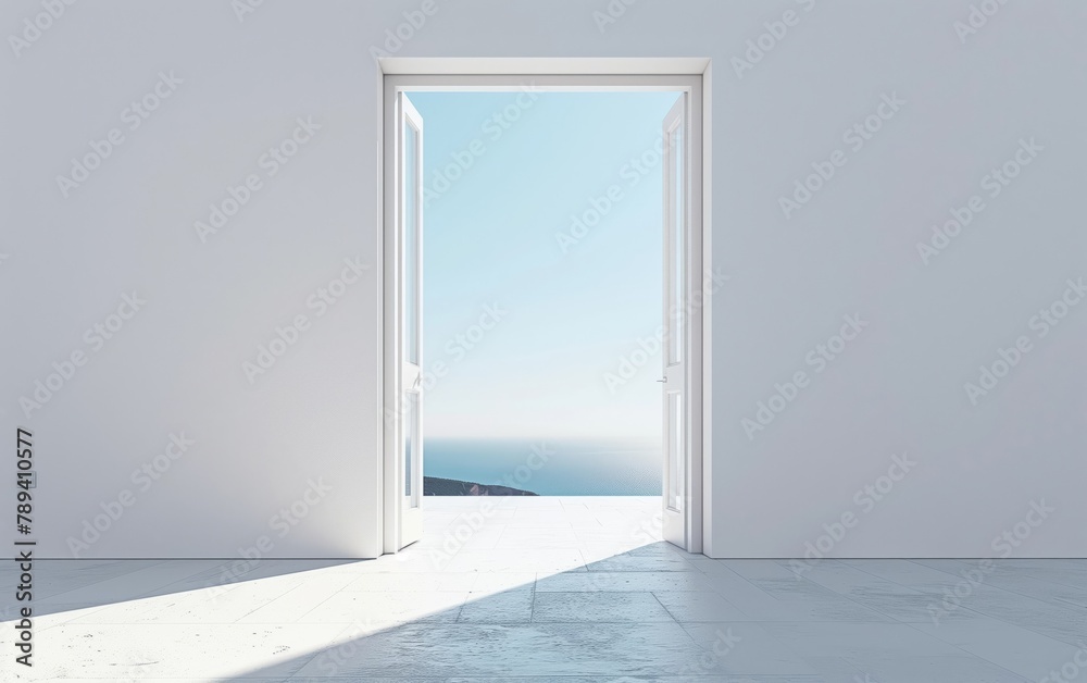 White Double Doors Open to Outdoor View on White Wall - illustration of Freedom, Escape from Confinement, Entry to New Opportunities. White Double Doors Open to Outdoor View on White Wall - illustration of Freedom, Escape from Confinement, Entry to New Opportunities.