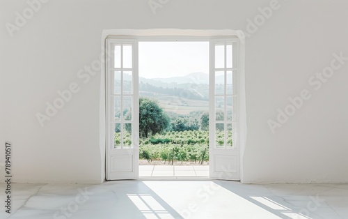 White Double Doors Open to Outdoor View on White Wall - illustration of Freedom  Escape from Confinement  Entry to New Opportunities.