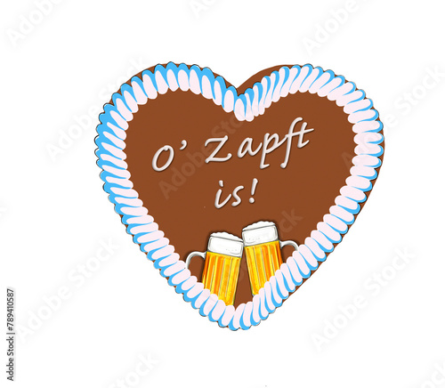 Oktoberfest Lebkuchenherz 0'Zapft is isoliert auf weissem Hintergrund