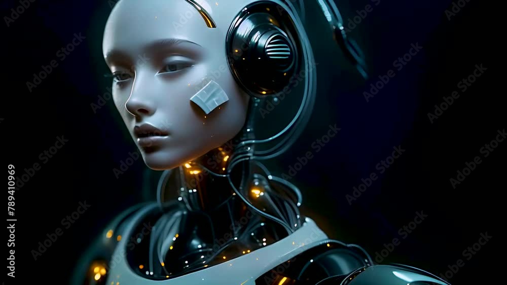 Elegant female robot in smooth motion, Beautiful science fiction robotic model enjoy the music wearing headphones. Flowing isolated on black background. Fashion techno visuals concept. 
