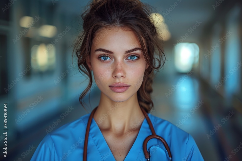 A beautiful and serious healthcare worker in blue scrubs posing in a hospital corridor with a profound gaze A beautiful and serious healthcare worker in blue scrubs posing in a hospital corridor with a profound gaze