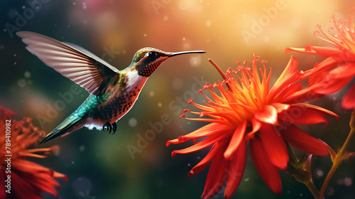 A close-up of a hummingbird feeding on nectar from a vibrant red flower. © Ansar