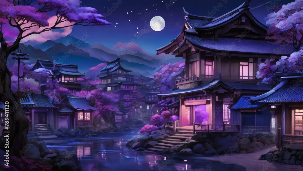 Amazing 2D illustration of night waterfalls scenery with ruins and temple

