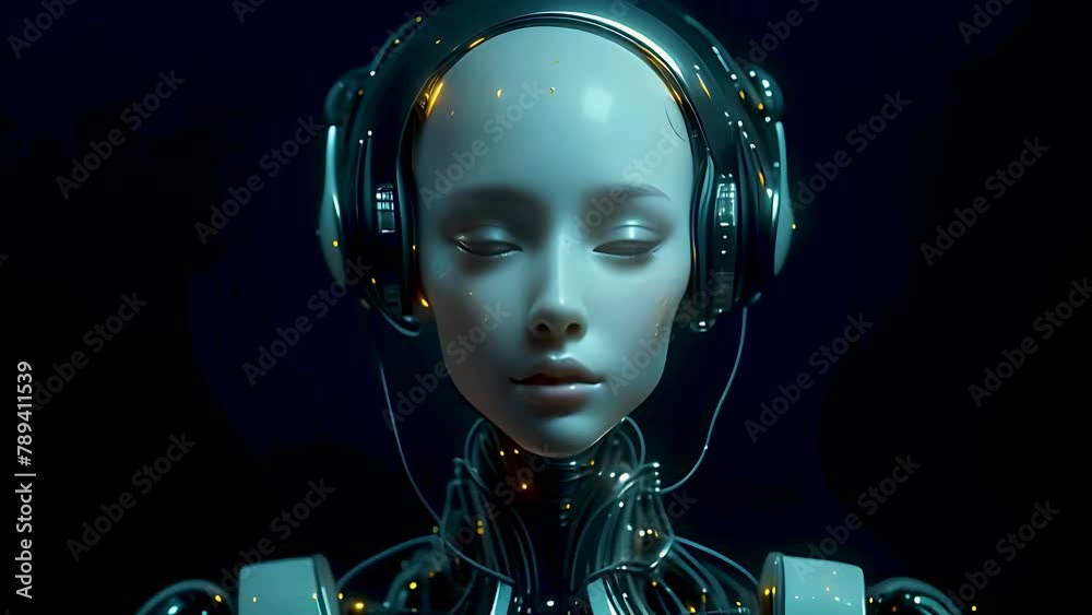 Elegant female robot in smooth motion, Beautiful science fiction robotic model enjoy the music wearing headphones. Flowing isolated on black background. Fashion techno visuals concept. 