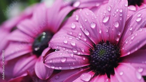 A close-up of delicate water droplets clinging to the petals of a morning bloom.