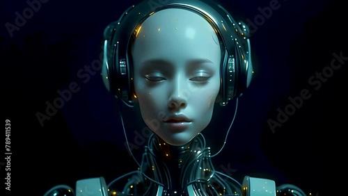 Elegant female robot in smooth motion, Beautiful science fiction robotic model enjoy the music wearing headphones. Flowing isolated on black background. Fashion techno visuals concept. 