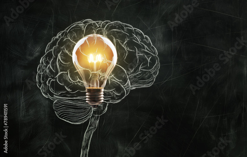 Light bulb in a chalk drawing of a brain. Idea concept. Ai