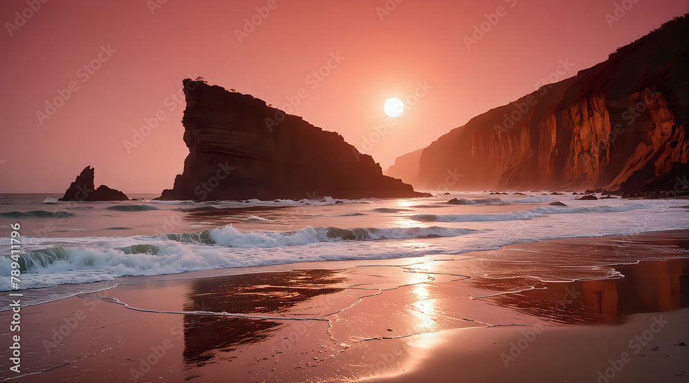 The image captures the mesmerizing view of a sunset with a large sun hanging low in the sky, casting a warm glow over a rugged coastline with waves gently washing onto the sandy beach.






