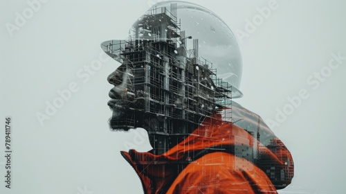 Construction workers combines an image of an office building with double exposure style