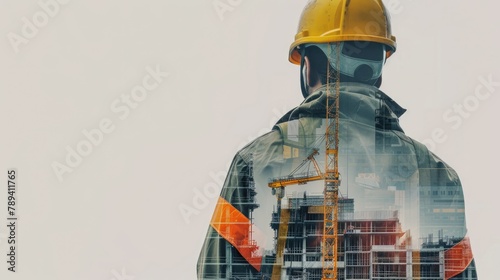 Construction workers combines an image of an office building with double exposure style