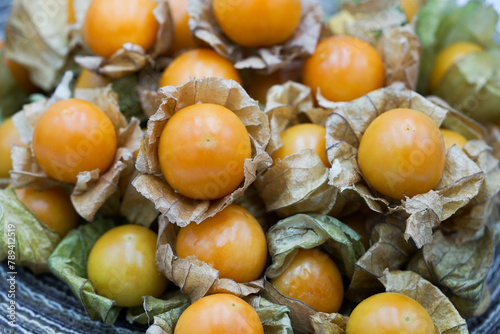 Close up of organic cape gooseberries fruit. Healthy food.