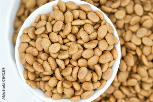 Top view of dry pet food in a white bowl, dog and cat food background.
