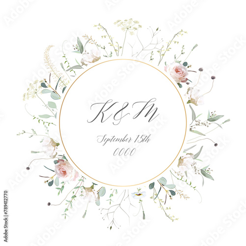 Herbs, branches and rose flowers vector frame. Hand painted branches, leaves on white background. Greenery wedding simple minimalist invitation.Watercolor style card.Elements are isolated and editable