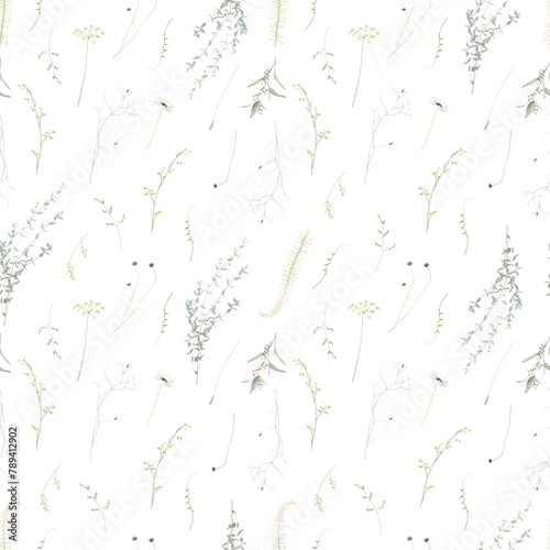 Simple botanical trendy vector design seamless print. Minimalist plants, branches, greenery and flowers on white background. Clean and simple pattern. Minimalism. Elements are isolated and editable