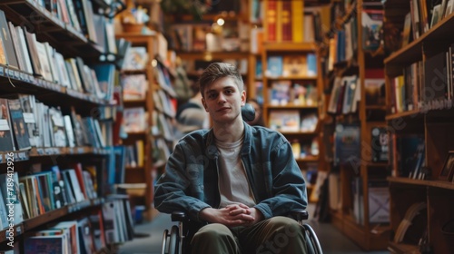 Young Man in Wheelchair at Bookstore photo