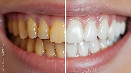 Smile Transformation: Yellow to Pearly White. Concept Dental Hygiene, Smile Makeover, Tooth Whitening, Cosmetic Dentistry, Oral Health