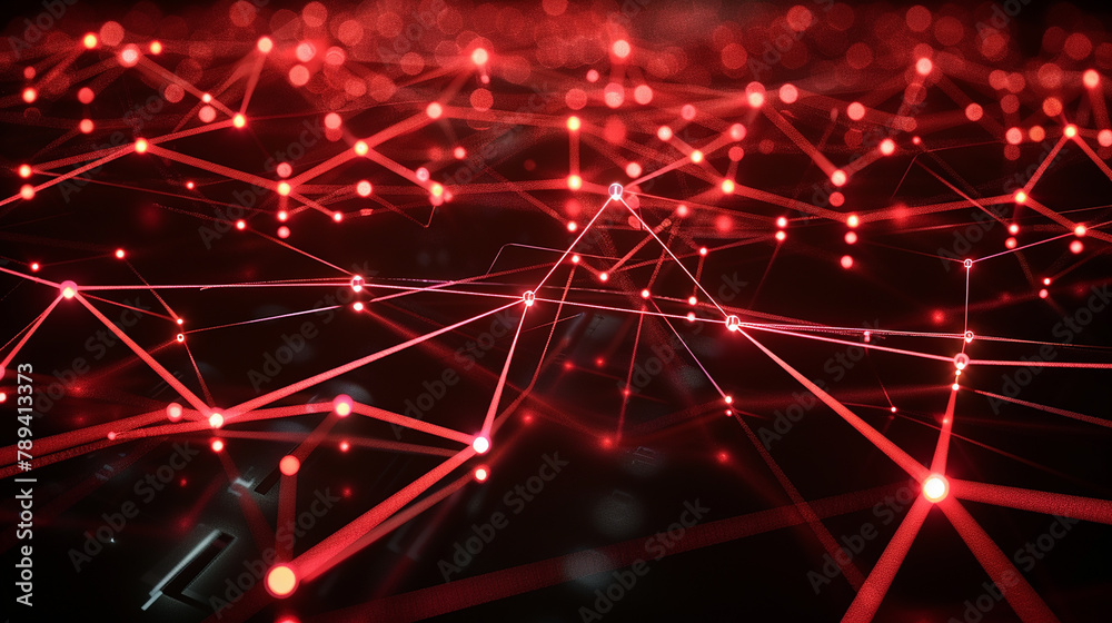 Visual art interpretation: red glowing lines and dots on a sleek, dark background, evoking the imagery of high-tech digital security systems. portrayed with creativity.