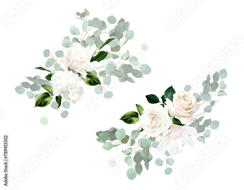 White hydrangea, ivory magnolia, beige rose flowers, mint green eucalyptus, fern, salal, greenery vector design wedding spring bouquets. Floral summer watercolor. Elements are isolated and editable
