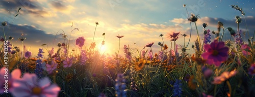 Serene Sunset Over a Blooming Flower Field