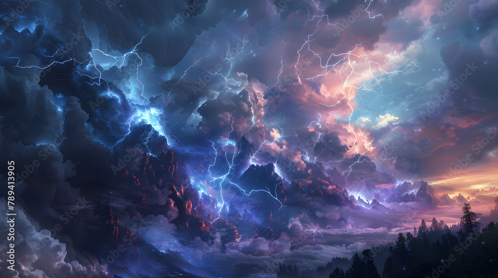 Lightning thunderstorm flash over the night sky. Concept on topic weather, cataclysms hurricane, Typhoon, tornado, storm