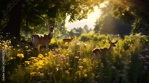 A family of deer grazing peacefully in a sunlit meadow surrounded by wildflowers.