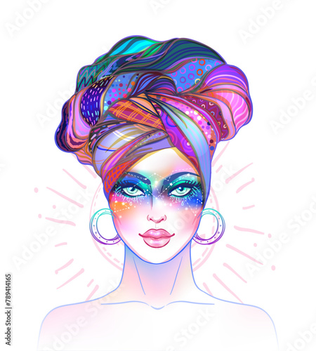 Cute teen girl with galaxy make up, stars, constellations and turban on her h...