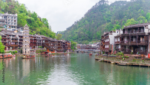panoranic view of fenghuang old town. phoenix ancient town or Fenghuang Ancient City is a county of xiangxi, Hunan Province, China
