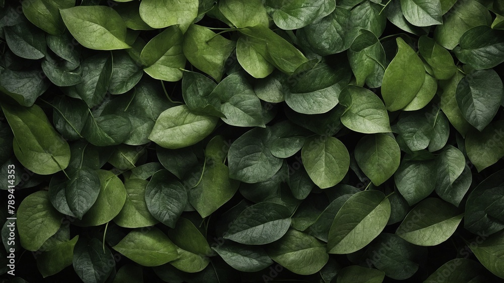 Fototapeta premium Dense collection of green leaves fills entire frame, creating lush, vibrant backdrop. Leaves, varying in shades of green, intricately layered upon one another, showcasing natural, organic pattern.