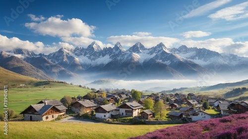 Serene village nestles amidst lush greenery, with majestic snow-capped mountains standing as silent sentinels in background. First rays of morning sun gently kiss peaks. photo