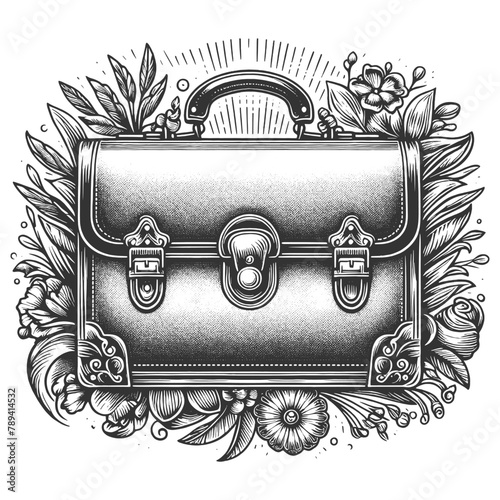 leather suitcase with detailed straps and buckles, evoking the golden age of travel sketch engraving generative ai vector illustration. Scratch board imitation. Black and white image.