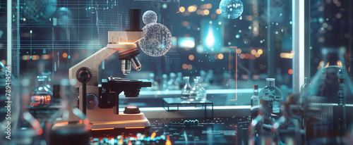 A futuristic digital microscope with holographic displays and floating data points is centered in the foreground of an advanced laboratory, Generative AI