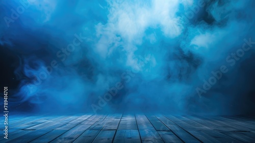 Blue Smoke on Wooden Stage with Dramatic Lighting photo