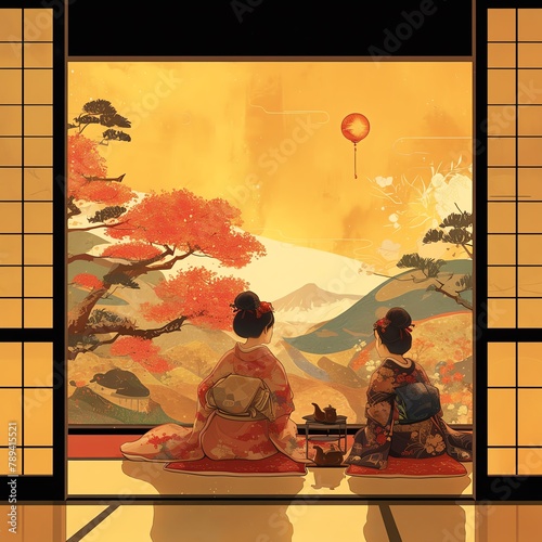 A traditional Japanese tea ceremony with beautiful kimono-clad women photo