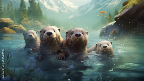 A family of otters playfully swimming in a clear mountain stream.