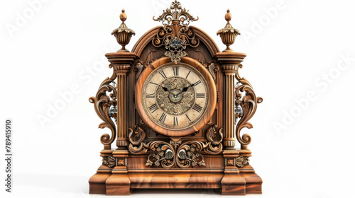 antique clock with ornate carvings isolated on white background