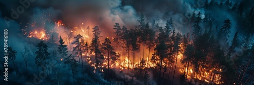 A raging fire in the forest highlights ecological problems as the fiery wrath of nature ignites an explosion of heat and smoke, engulfing the tranquil forest in a volcanic inferno. photo