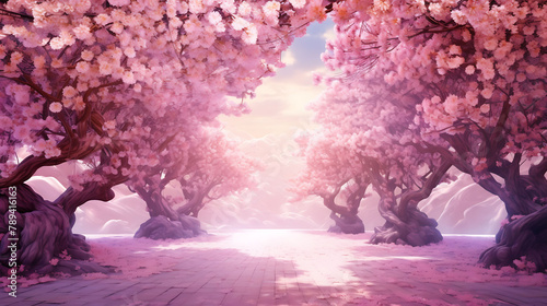 A field of cherry blossoms in full bloom, creating a dreamlike pink canopy.