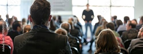 In the business conference hall, many people was in present while someone gave a presentation or conducted a ceremony.