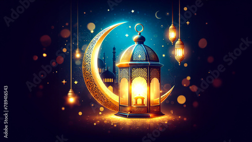 Eid Luminary Symphony: Moon Inside Lantern Glows Amidst Red-Blue Bokeh, Golden Hues, and Vibrant Illustrations