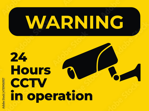 Yellow and black horizontal 24 hours CCTV in operation warning sign age banner sign poster illustration. Simple flat security surveillance camera drawing.