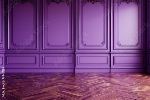 Fototapeta Naklejka Na Ścianę i Meble -  3d rendering of a purple wall with classic paneling and a wooden floor. an empty room interior design background