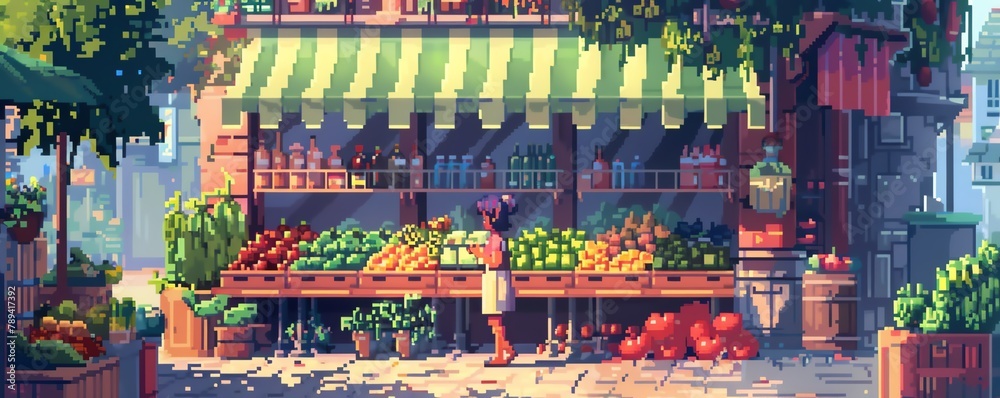 A pixel art scene of a girl at a farmers market, selling colorful fruits and vegetables, bustling community vibe