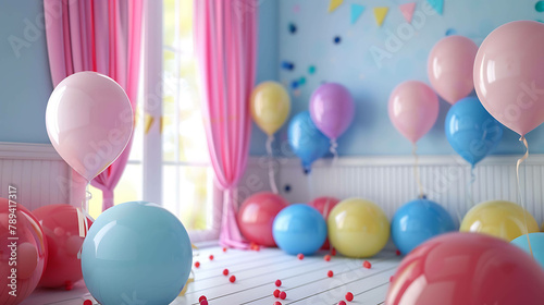 A brightly colored room filled with balloons. The balloons are of various sizes and colors, and they are all floating around the room.