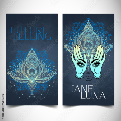 Fortune teller, human design, spiritual coach, mystic healer business card design template. Vector illustration. Magic.