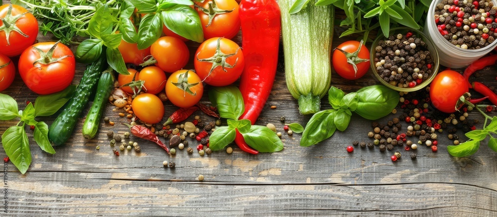 Organic vegetables, herbs, and spices displayed on a wooden surface. Bios Healthy food option. Organic vegetables, herbs, and spices displayed on a wooden surface. Bios Healthy food option.