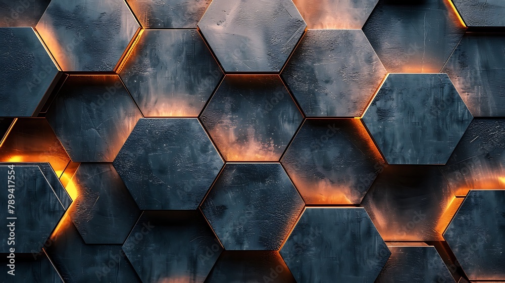 Dark metal hexagons with glowing orange light from behind.